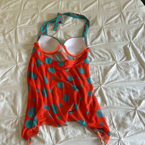 Blue and Orange Retro 70’s Polka Dot Halter Tankini Top Summer Swimwear Medium - Picture 7 of 8